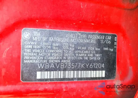 2007 BMW 335 I z USA, uszkodzony, nr VIN WBAVB73577KY61204